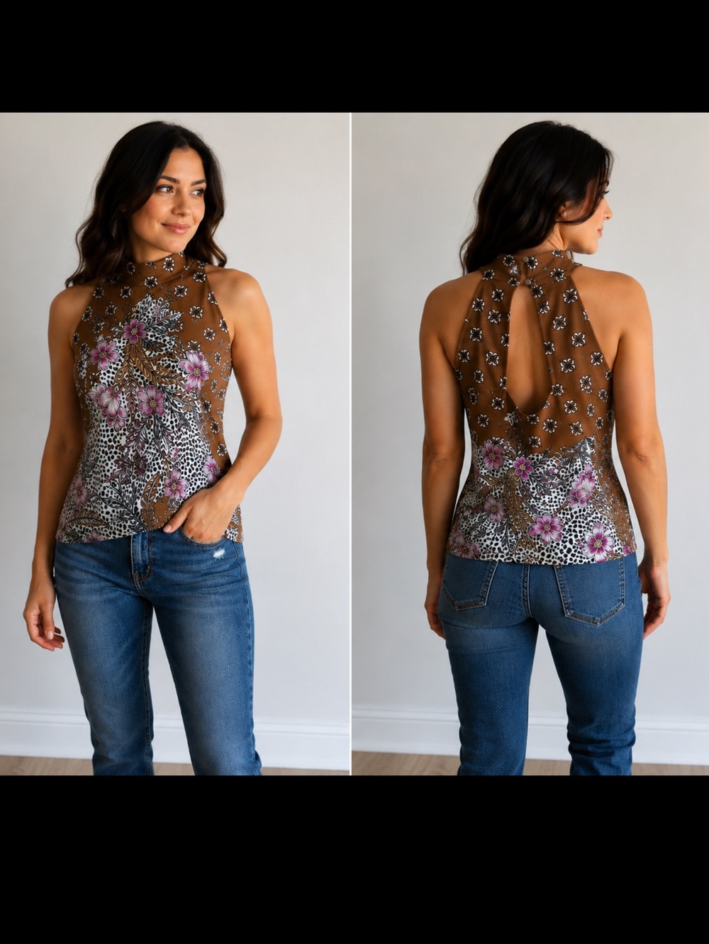 White House Black Market Brown Floral Halter Tank Top with Pink Accents